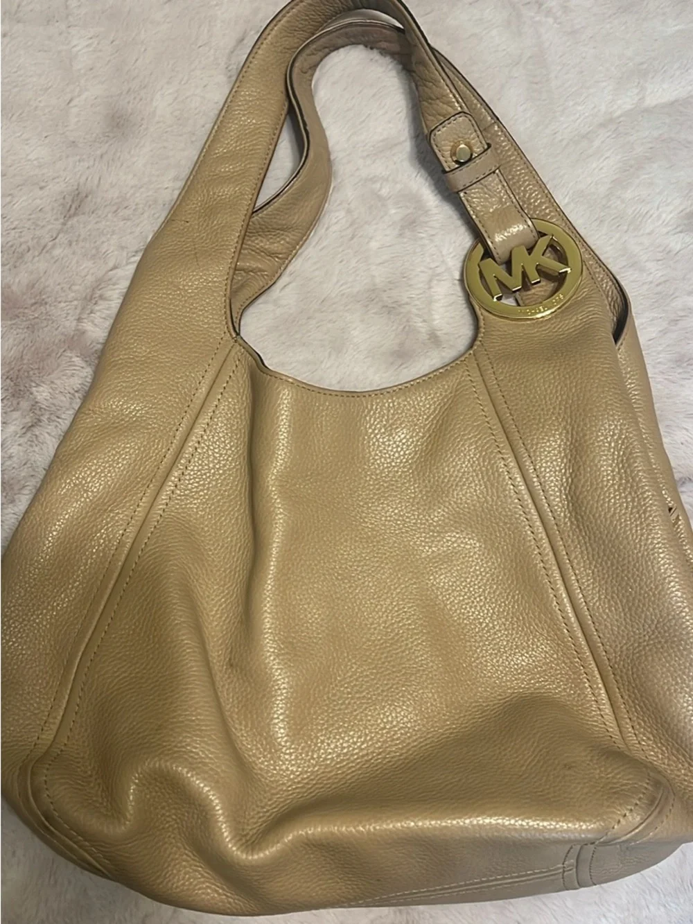 Michael Kors Beige Pebbled Leather Hobo with Gold MK Charm